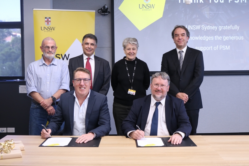 Pic: Mark Fowler, Managing Director PSM and Professor Stephen Foster, Dean UNSW Engineering, sign the agreement to PSM’s sponsorship and partnership with UNSW, Sept 2022 Behind: L-R Garry Mostyn, Principal PSM, PSM Professor Nasser Khalili, Deputy Director, CIES & HoS Civil & Environmental Engineering, Professor Anne Simmons AM, UNSW Provost, & Dr Kurt Douglas, PSM Senior Lecturer of Rock Mechanics. 